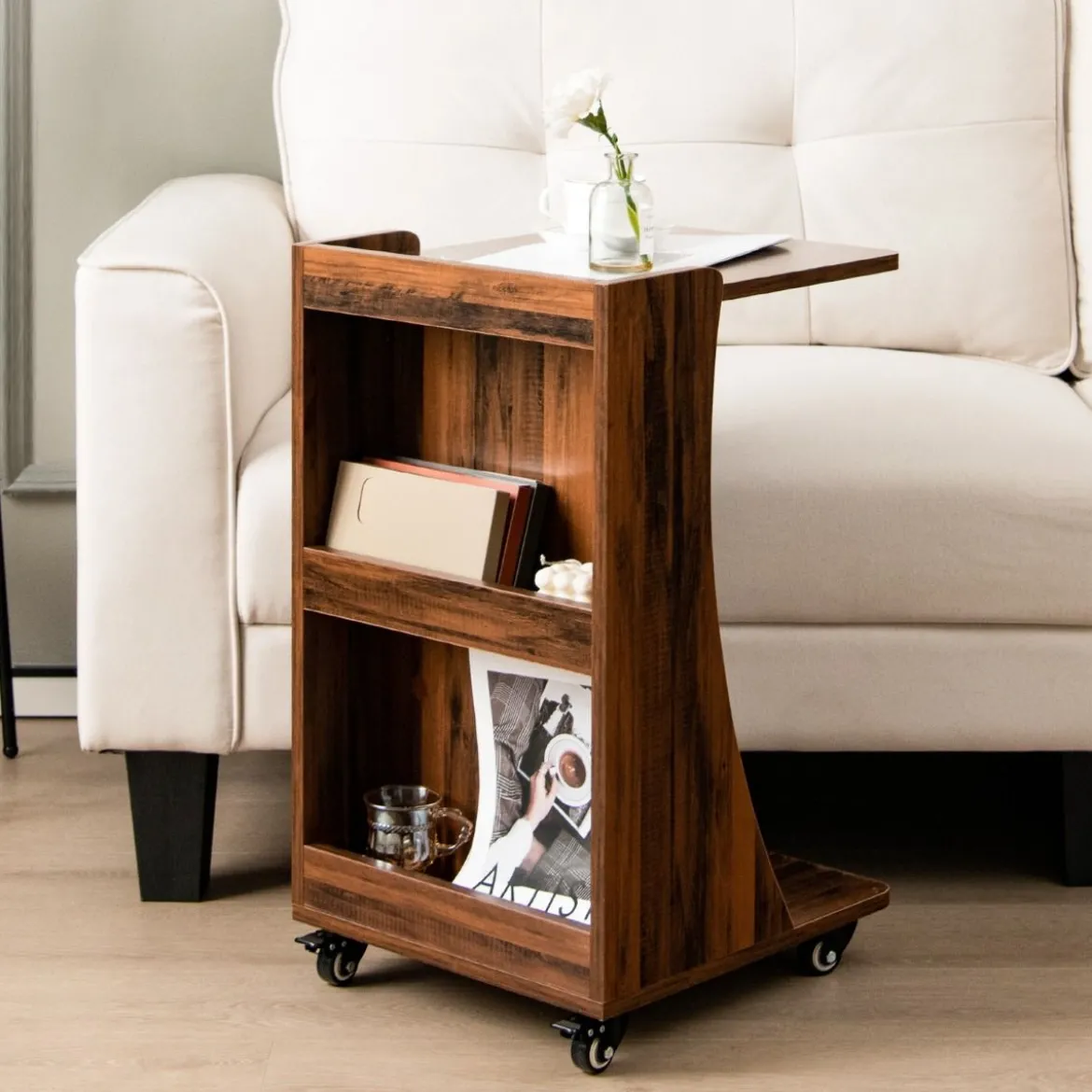 Beistelltisch mit Rollen Mobiler C-förmiger Sofatisch 42,5 x 38 x 67 cm Braun