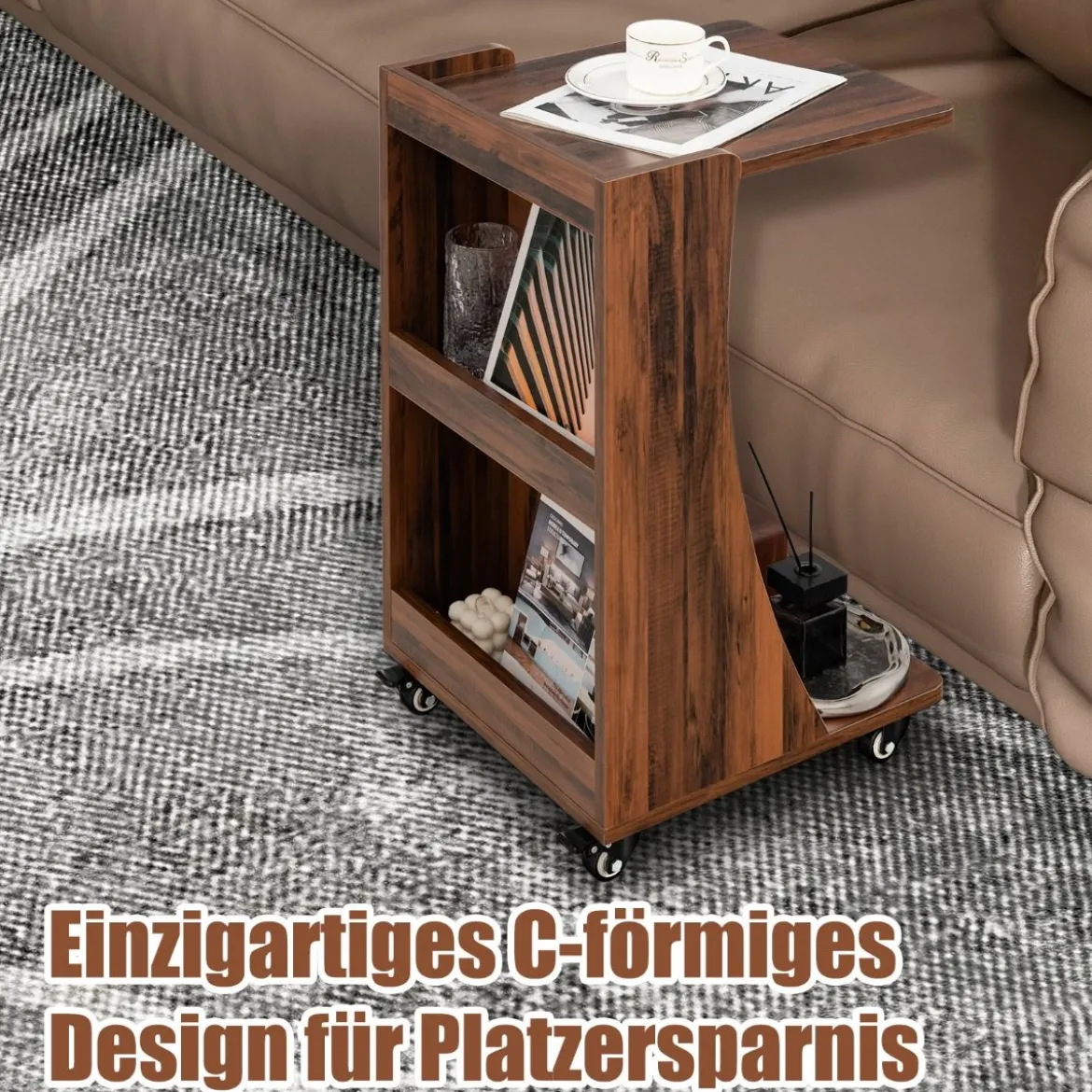 Beistelltisch mit Rollen Mobiler C-förmiger Sofatisch 42,5 x 38 x 67 cm Braun