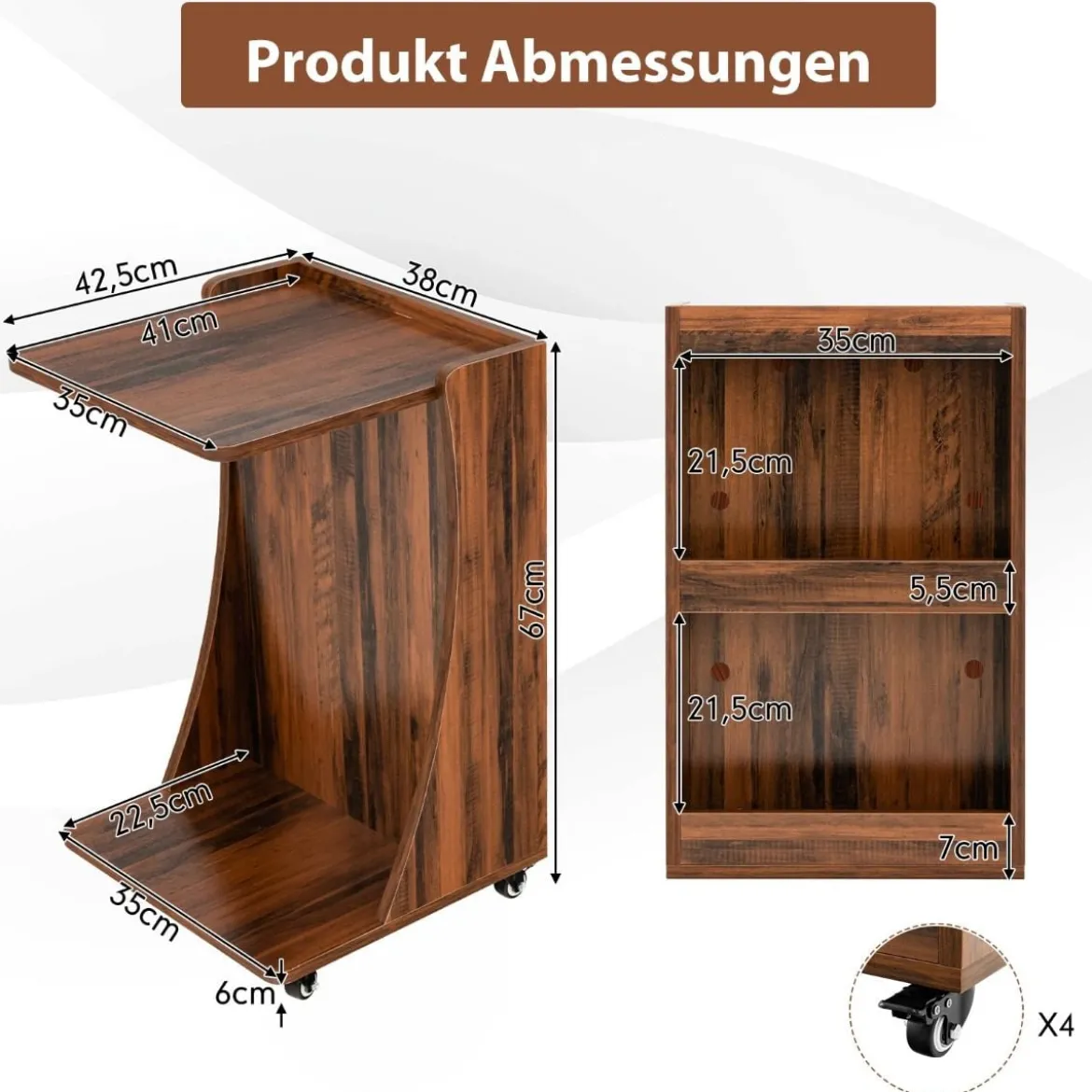 Beistelltisch mit Rollen Mobiler C-förmiger Sofatisch 42,5 x 38 x 67 cm Braun