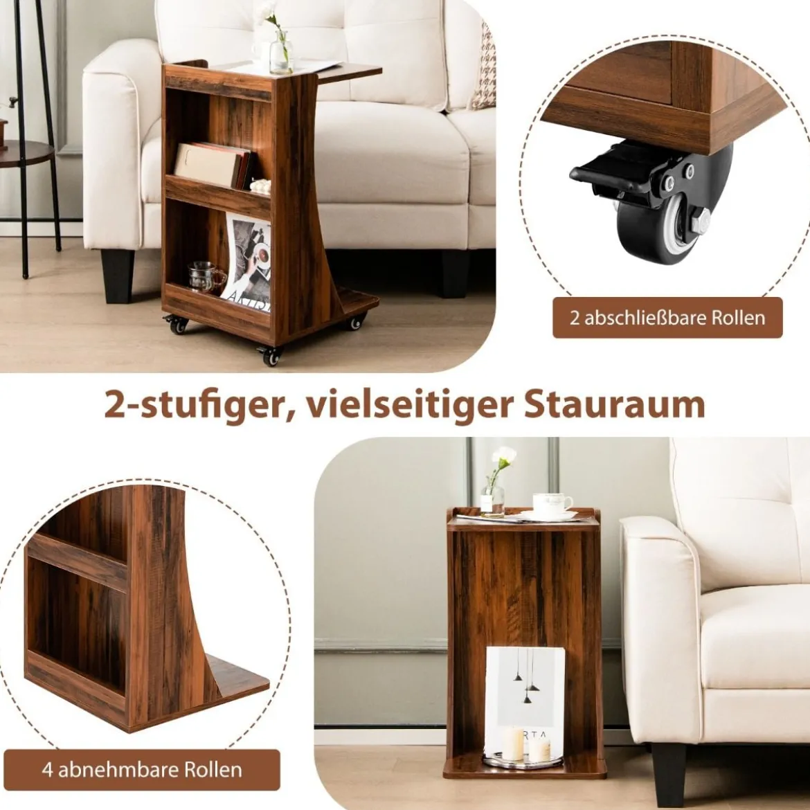 Beistelltisch mit Rollen Mobiler C-förmiger Sofatisch 42,5 x 38 x 67 cm Braun