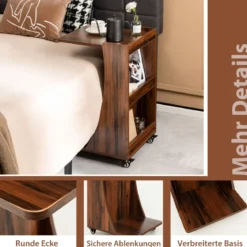 Beistelltisch mit Rollen Mobiler C-förmiger Sofatisch 42,5 x 38 x 67 cm Braun