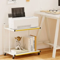 Beistelltisch mit Rollen & 2 Offenen Ablagen Druckertisch C-Form Couchtisch Sofatisch Weiß