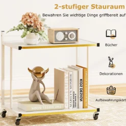 Beistelltisch mit Rollen & 2 Offenen Ablagen Druckertisch C-Form Couchtisch Sofatisch Weiß