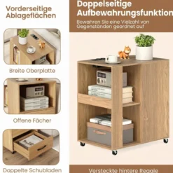 Beistelltisch mit Rollen rollbarer Nachttisch mit Schubladen & Regalen Nachttisch Natur