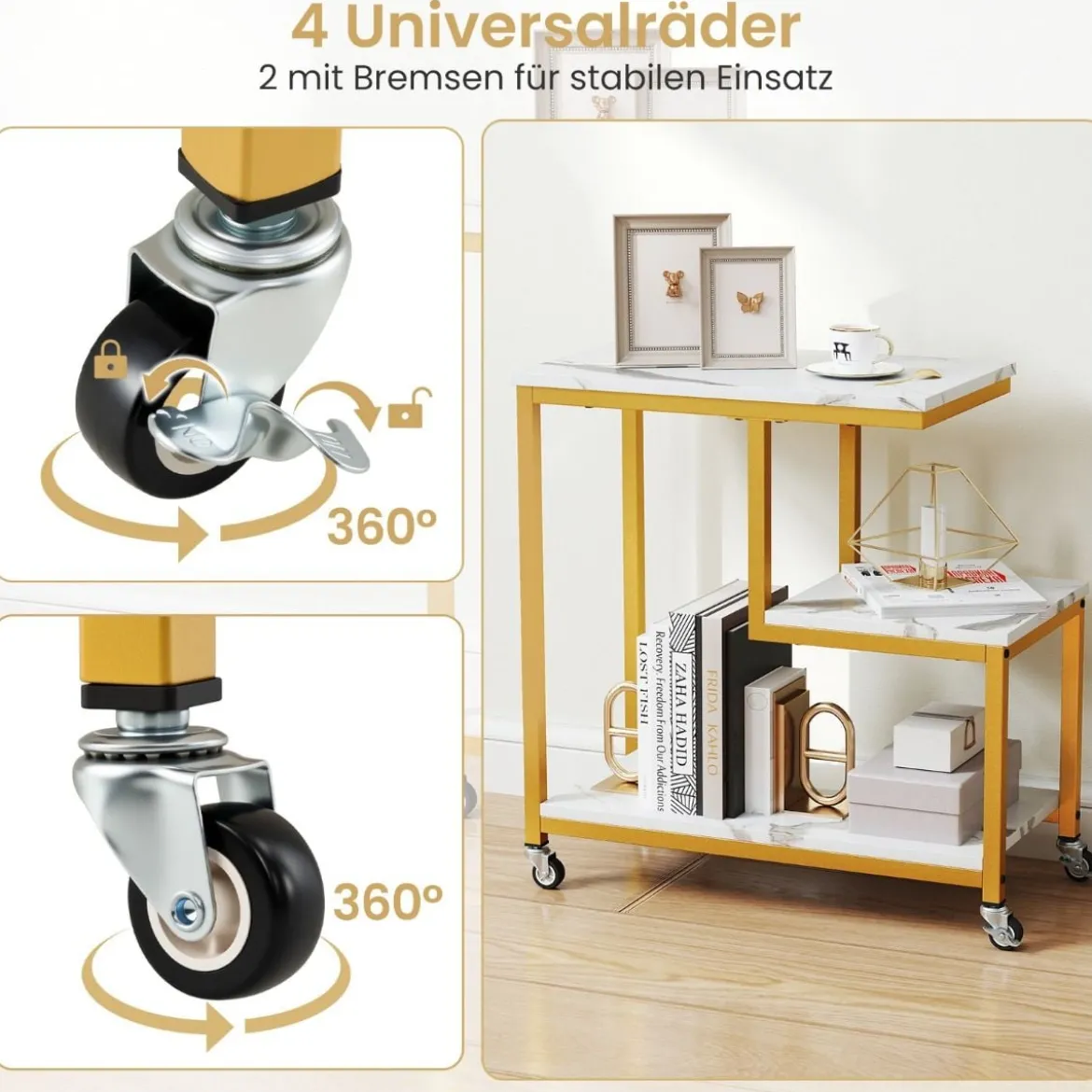 Beistelltisch mit Rollen 3-stöckiger Sofatisch Marmor Optik Kaffeetisch Kleiner Couchtisch