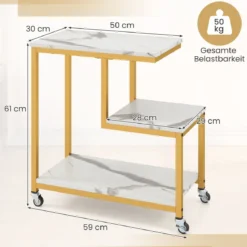 Beistelltisch mit Rollen 3-stöckiger Sofatisch Marmor Optik Kaffeetisch Kleiner Couchtisch