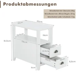 Beistelltisch mit 2 Schubladen und offenem Regalfach Nachttisch mit Metallgriffen Weiß