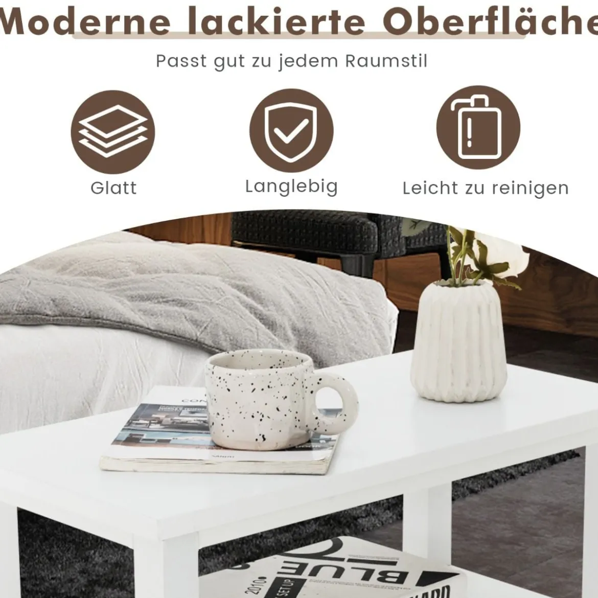 Beistelltisch mit 2 Schubladen und offenem Regalfach Nachttisch mit Metallgriffen Weiß