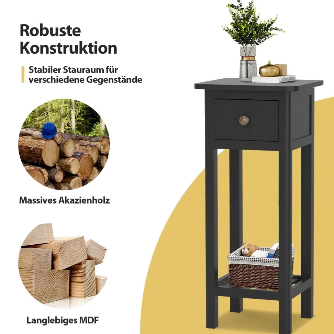 Beistelltisch mit Schublade & Ablage 2-stöckiger Nachttisch Schmaler Sofatisch Kaffeetisch Schwarz