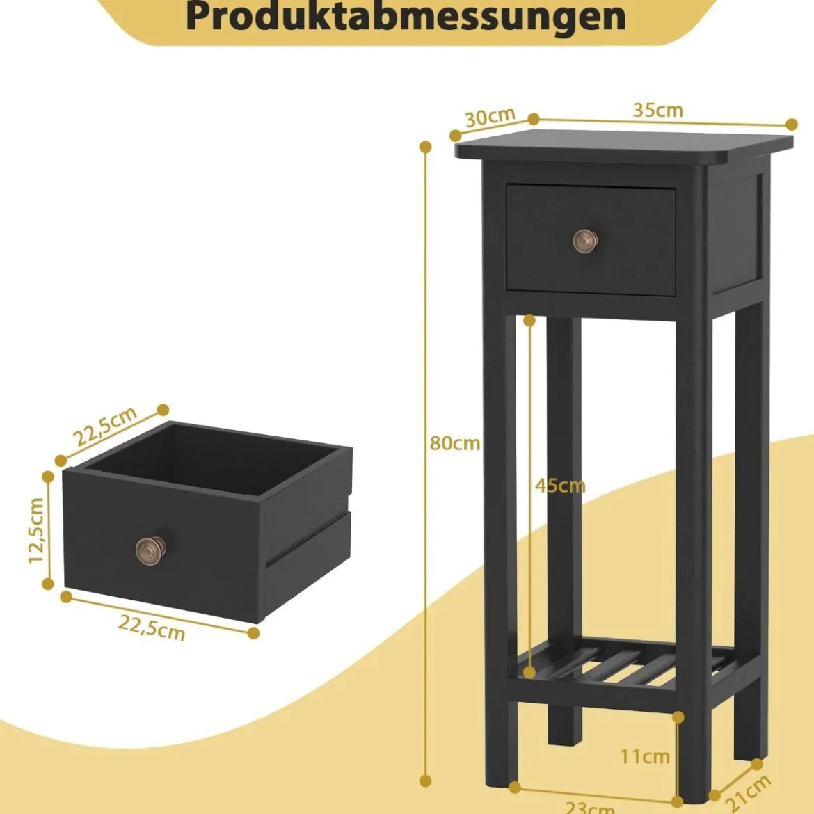 Beistelltisch mit Schublade & Ablage 2-stöckiger Nachttisch Schmaler Sofatisch Kaffeetisch Schwarz