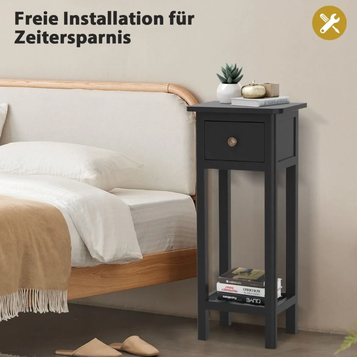 Beistelltisch mit Schublade & Ablage 2-stöckiger Nachttisch Schmaler Sofatisch Kaffeetisch Schwarz