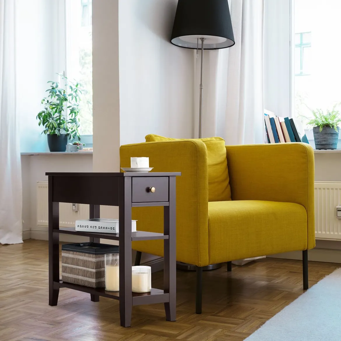 Beistelltisch mit Schublade und Ablage 3-Stöckiger Konsolentisch aus Holz 60 x 28,5 x 61cm Braun