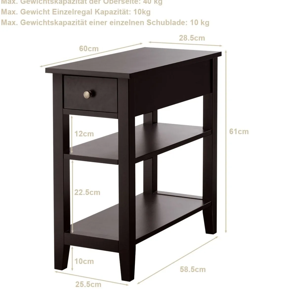 Beistelltisch mit Schublade und Ablage 3-Stöckiger Konsolentisch aus Holz 60 x 28,5 x 61cm Braun