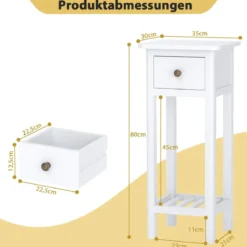 Beistelltisch mit Schublade & Ablage 2-stöckiger Nachttisch Schmaler Sofatisch Kaffeetisch Weiß