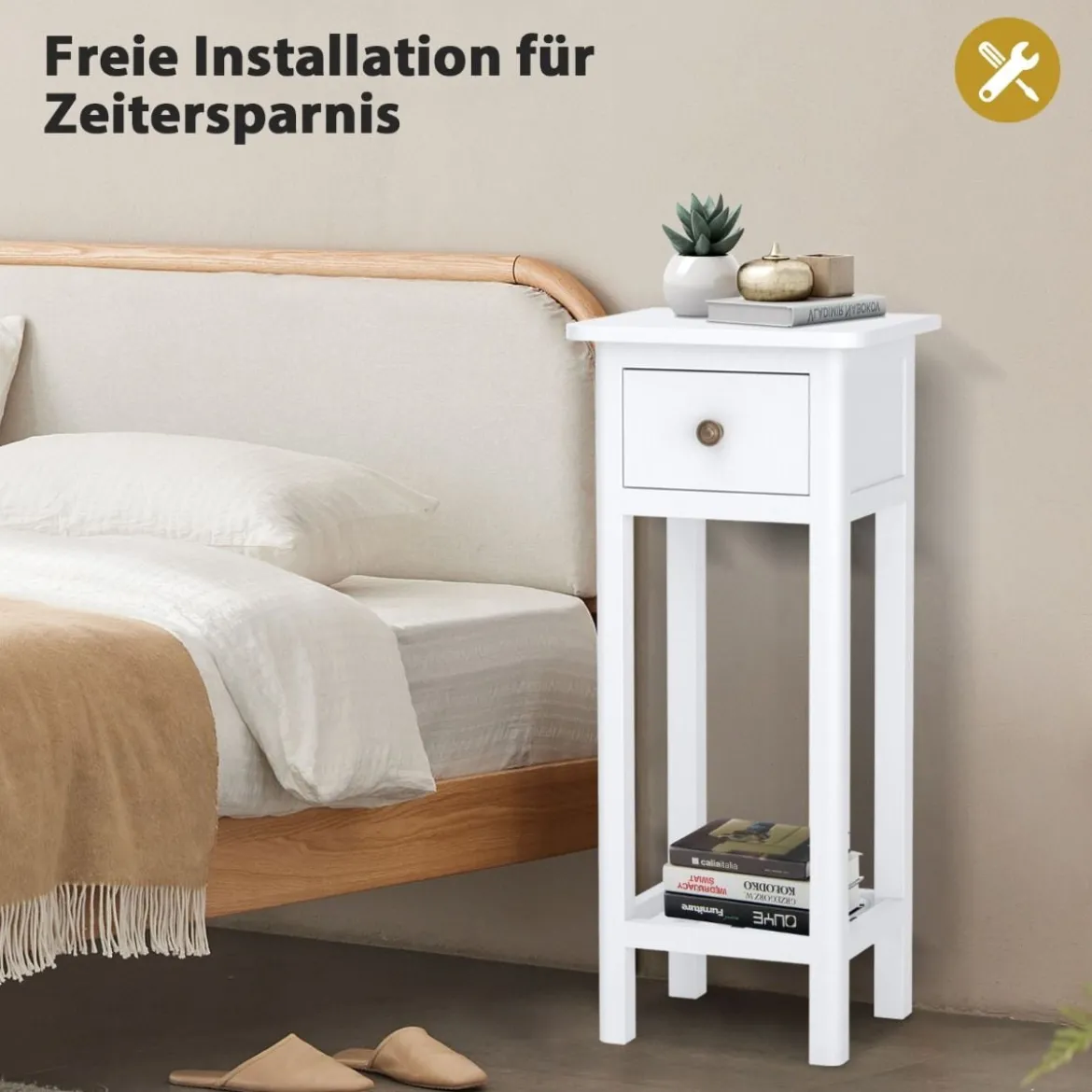 Beistelltisch mit Schublade & Ablage 2-stöckiger Nachttisch Schmaler Sofatisch Kaffeetisch Weiß