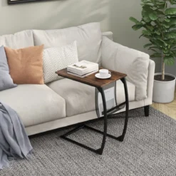 Beistelltisch mit Seitentasche Industrie-Design Laptoptisch C-förmiger Sofatisch Kaffeetisch