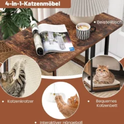 Beistelltisch mit Sisal-Kratzbrett 4 in 1 Katzenmöbel Katzenkratzer mit abnehmbarem Kissen & Ball 50 x 30 x 64 cm Rustikales Braun