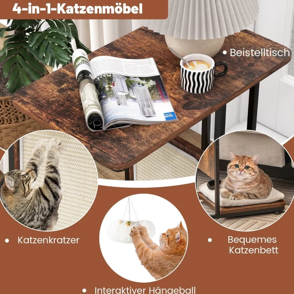 Beistelltisch mit Sisal-Kratzbrett 4 in 1 Katzenmöbel Katzenkratzer mit abnehmbarem Kissen & Ball 50 x 30 x 64 cm Rustikales Braun