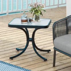 Beistelltisch mit Tischplatte aus Gehärtetem Glas Wetterfester Balkontisch Kleiner Gartentisch