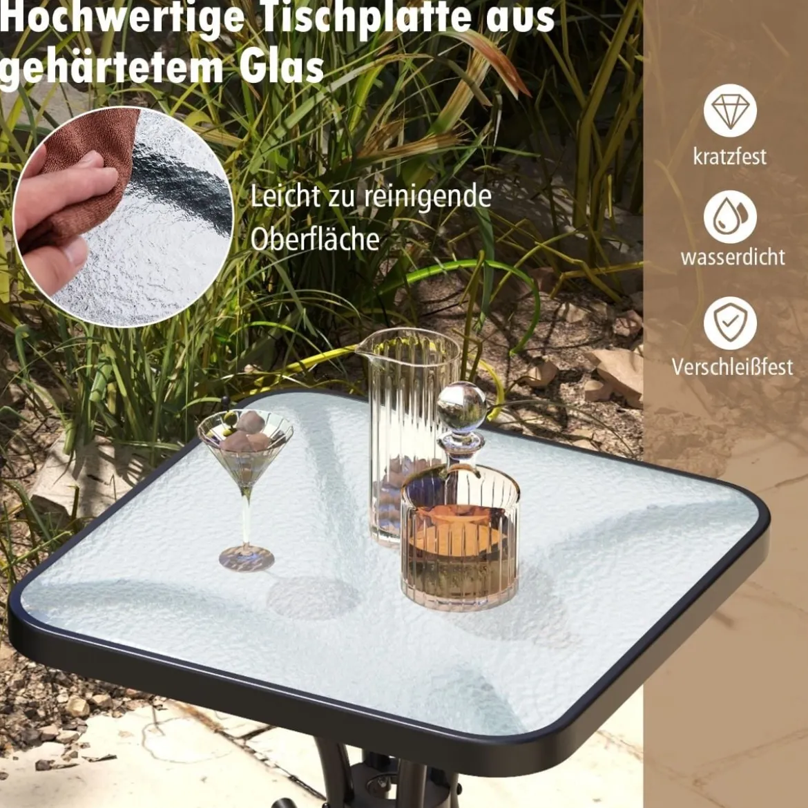 Beistelltisch mit Tischplatte aus Gehärtetem Glas Wetterfester Balkontisch Kleiner Gartentisch