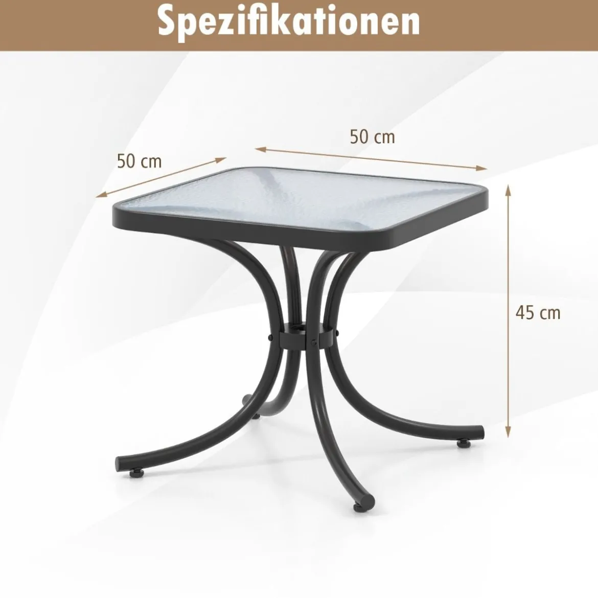 Beistelltisch mit Tischplatte aus Gehärtetem Glas Wetterfester Balkontisch Kleiner Gartentisch