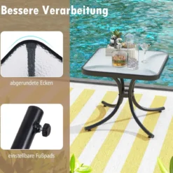 Beistelltisch mit Tischplatte aus Gehärtetem Glas Wetterfester Balkontisch Kleiner Gartentisch
