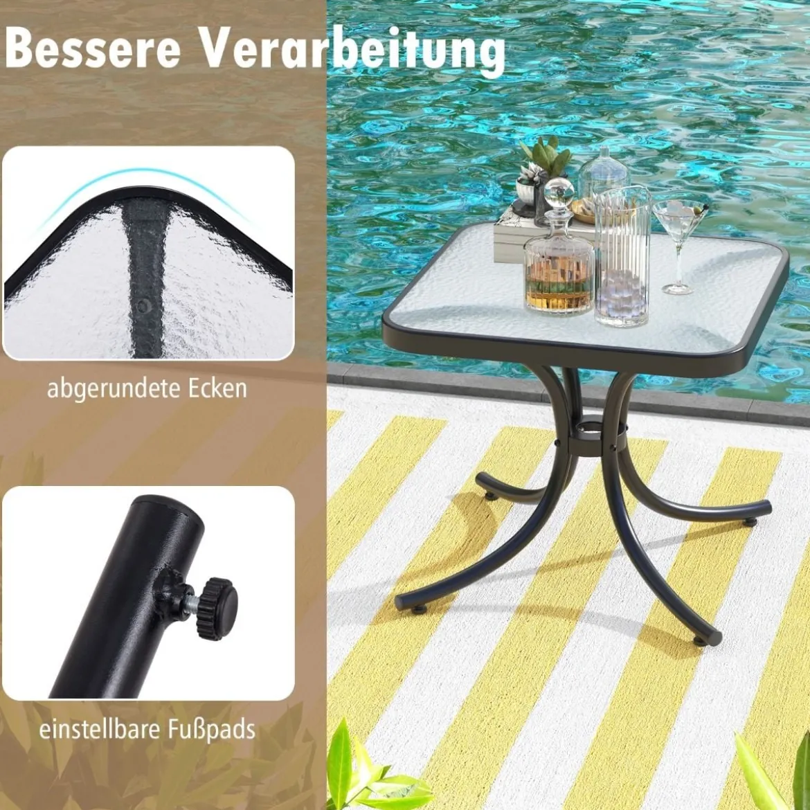 Beistelltisch mit Tischplatte aus Gehärtetem Glas Wetterfester Balkontisch Kleiner Gartentisch