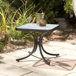 Beistelltisch mit Tischplatte aus Gehärtetem Glas Wetterfester Balkontisch Kleiner Gartentisch