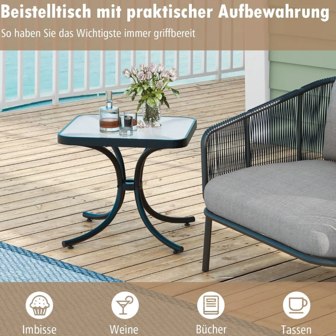 Beistelltisch mit Tischplatte aus Gehärtetem Glas Wetterfester Balkontisch Kleiner Gartentisch