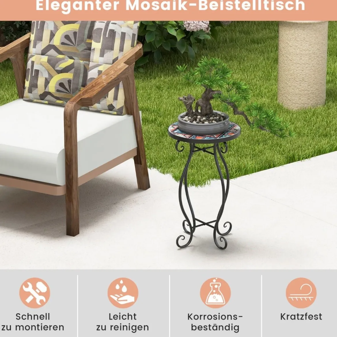 Beistelltisch Mosaiktisch Rund Mosaik Gartentisch Bistrotisch ∅30 x 50 cm