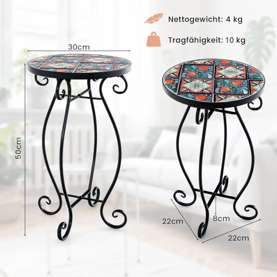 Beistelltisch Mosaiktisch Rund Mosaik Gartentisch Bistrotisch ∅30 x 50 cm