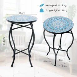 Beistelltisch Mosaiktisch Rund Mosaik Gartentisch Bistrotisch 35 x 55 cm Blau und Schwarz