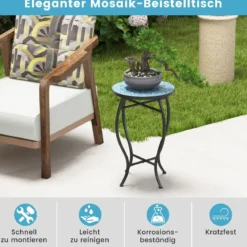 Beistelltisch Mosaiktisch Rund Mosaik Gartentisch Bistrotisch 35 x 55 cm Blau und Schwarz