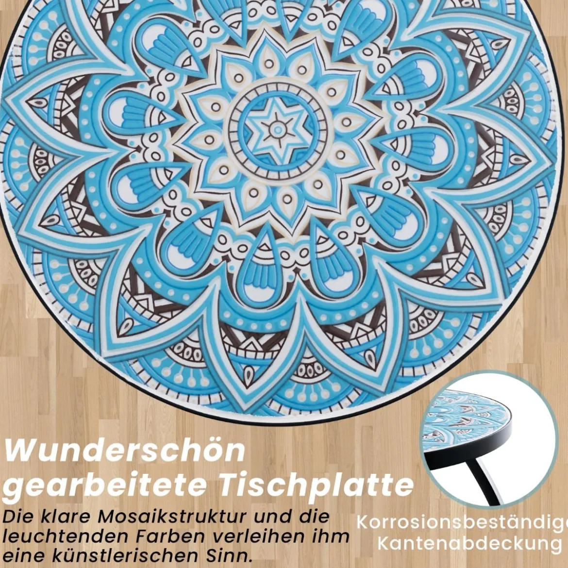 Beistelltisch Mosaiktisch Rund Mosaik Gartentisch Bistrotisch 35 x 55 cm Blau und Schwarz