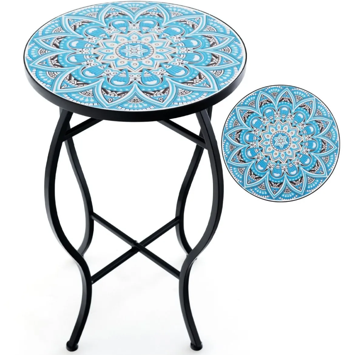 Beistelltisch Mosaiktisch Rund Mosaik Gartentisch Bistrotisch 35 x 55 cm Blau und Schwarz