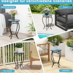 Beistelltisch Mosaiktisch Rund Mosaik Gartentisch Bistrotisch 35 x 55 cm Blau und Schwarz