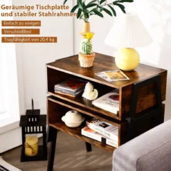 Beistelltisch Nachttisch Holz-Akzenttisch mit Metallrahmen offene Ablagefächer & geräumige Tischplatte Braun