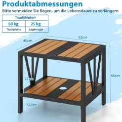 Beistelltisch Outdoor wetterfest Gartentisch mit Schirmloch kleiner Balkontisch mit Ablage 52 x 46 x 45 cm