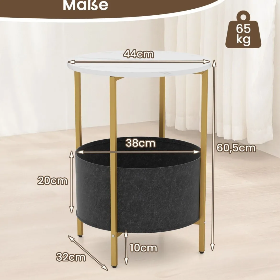 Beistelltisch rund Kleiner Tisch Wohnzimmertisch mit Stoffkorb Nachttisch modern Braun/Weiß
