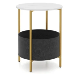 Beistelltisch rund Kleiner Tisch Wohnzimmertisch mit Stoffkorb Nachttisch modern Braun/Weiß