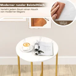 Beistelltisch rund Kleiner Tisch Wohnzimmertisch mit Stoffkorb Nachttisch modern Braun/Weiß