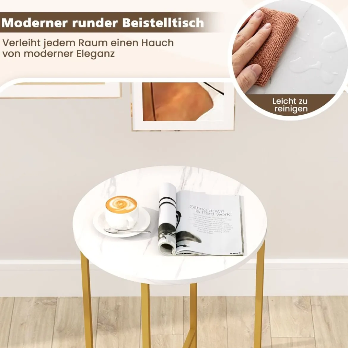 Beistelltisch rund Kleiner Tisch Wohnzimmertisch mit Stoffkorb Nachttisch modern Braun/Weiß