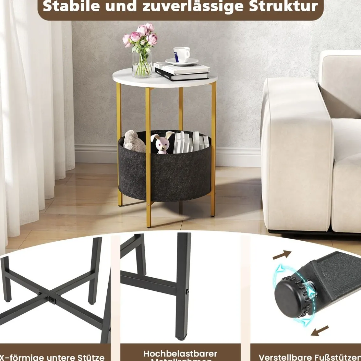 Beistelltisch rund Kleiner Tisch Wohnzimmertisch mit Stoffkorb Nachttisch modern Braun/Weiß
