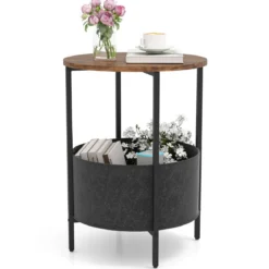 Beistelltisch rund Kleiner Tisch Wohnzimmertisch mit Stoffkorb Nachttisch modern Braun/Weiß