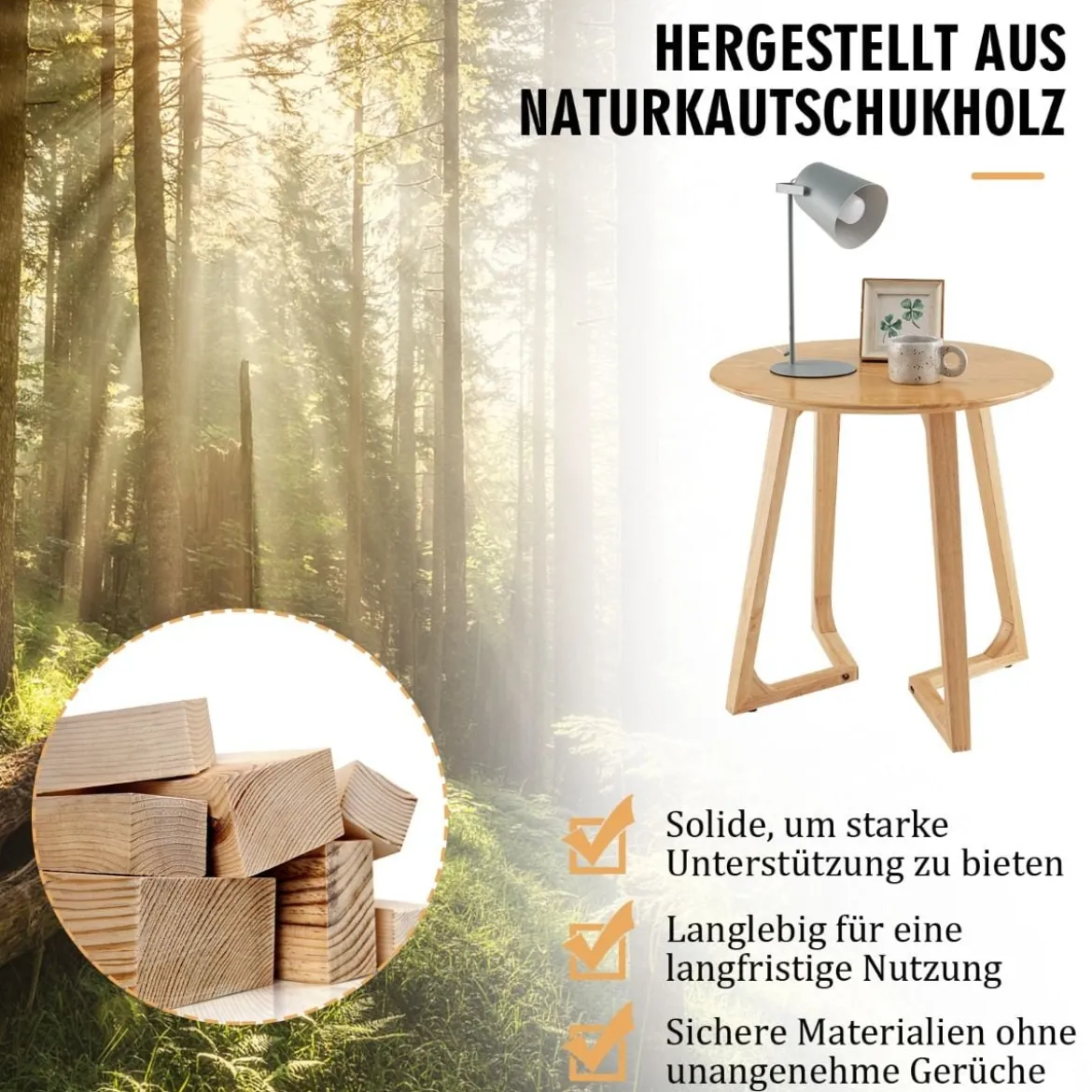 Beistelltisch rund Sofatisch Holz Kaffeetisch Laptoptisch belastbar bis 50kg Couchtisch Natur
