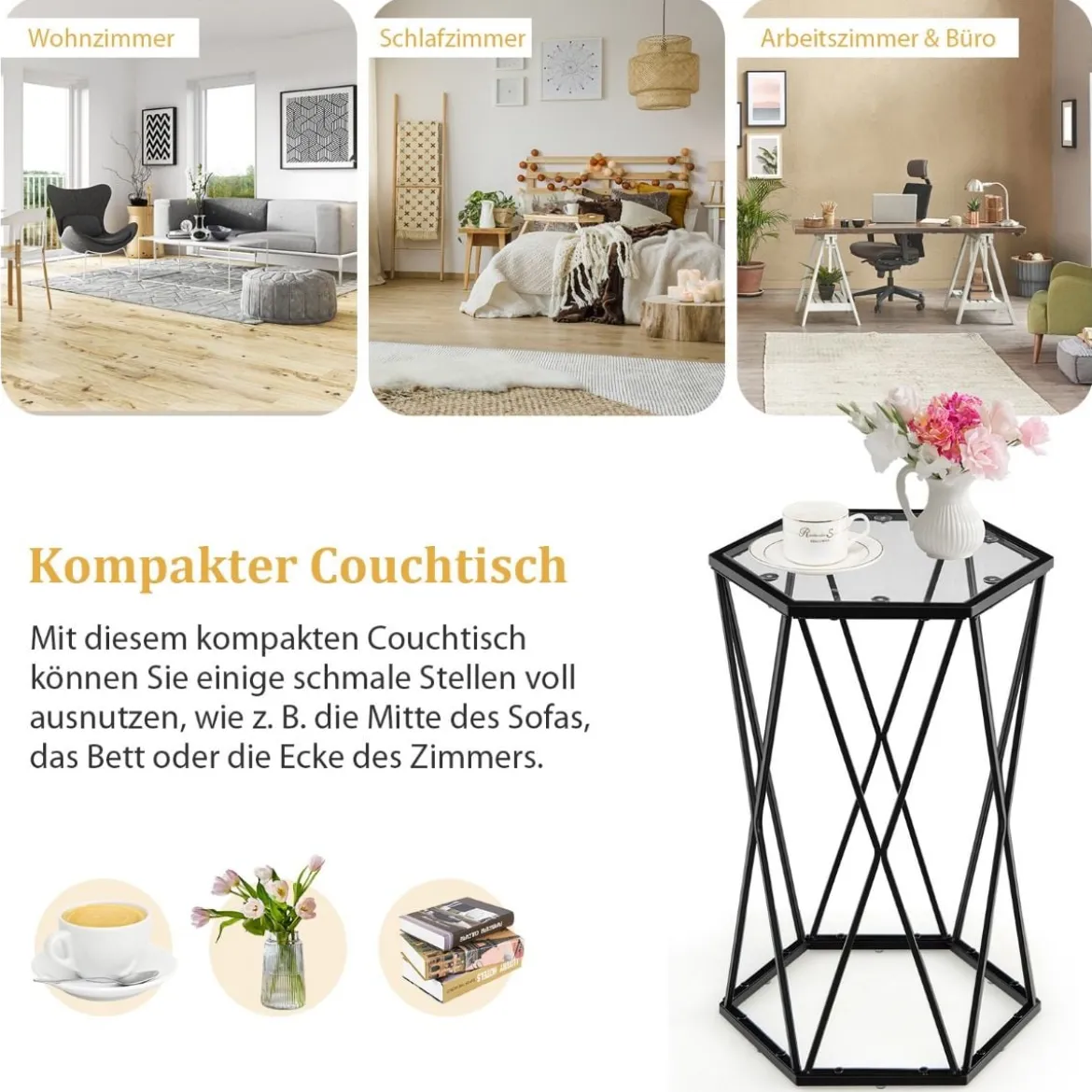 Beistelltisch Sechseckiger Couchtisch mit Metallrahmen & Tischplatte 40 x 34,5 x 60,5 cm Schwarz