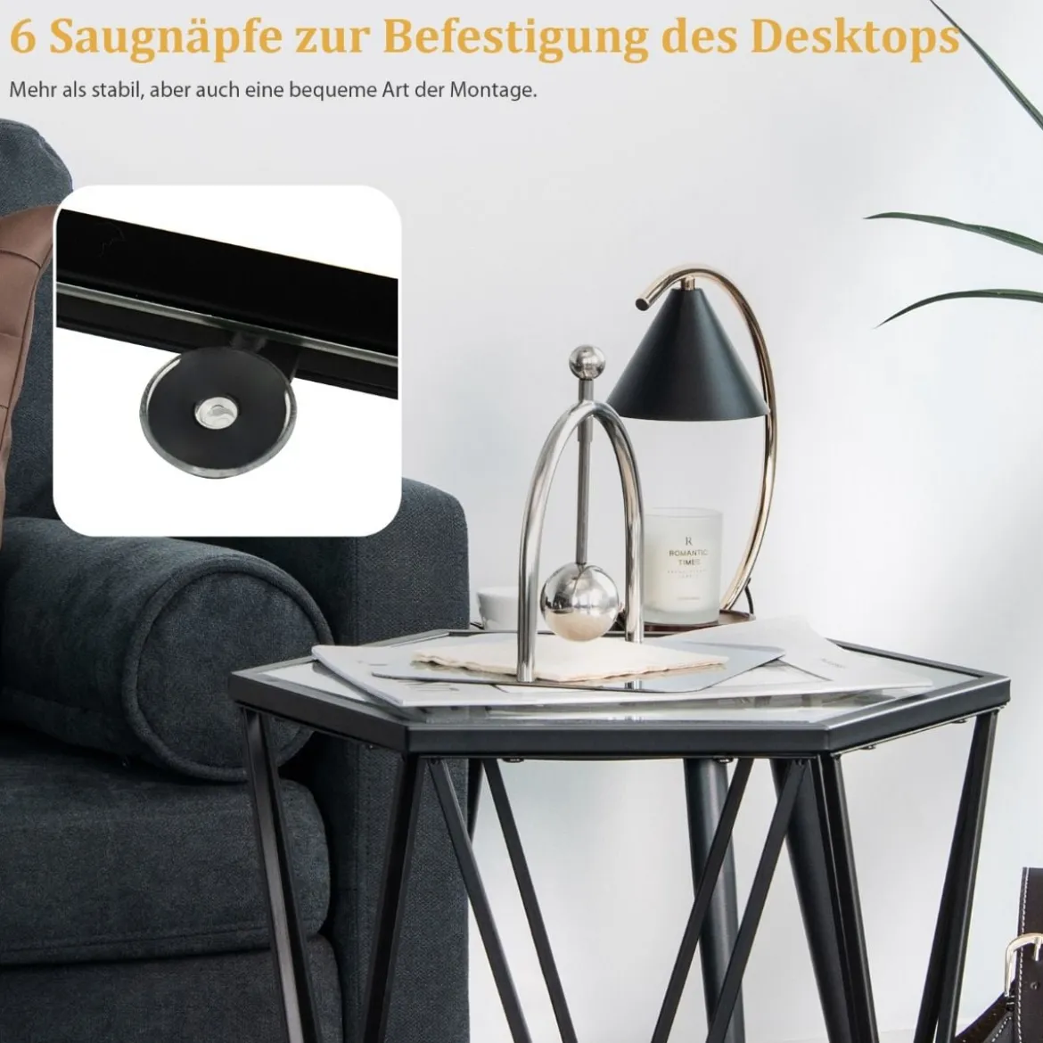Beistelltisch Sechseckiger Couchtisch mit Metallrahmen & Tischplatte 40 x 34,5 x 60,5 cm Schwarz