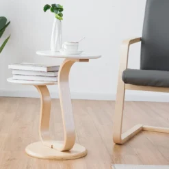 Beistelltisch Sofatisch Rund Nachttisch Kaffeetisch Weiß und Natur Birkenholz