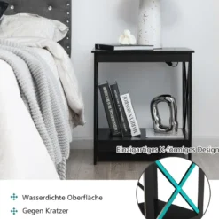 Beistelltisch 2-Stufiger Moderner Kaffeetisch Boden-Couchtisch mit X-förmigem Design Schwarz