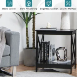 Beistelltisch 2-Stufiger Moderner Kaffeetisch Boden-Couchtisch mit X-förmigem Design Schwarz